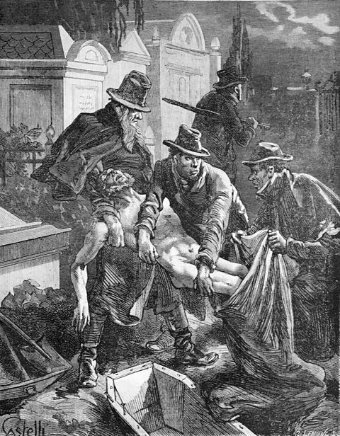 An engraving from 1888 showing a gang of body snatchers (or resurrectionists) stealing a body from a coffin.