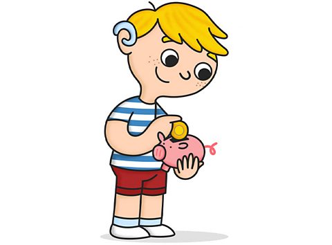 Cartoon image of a young boy putting money in a piggy bank