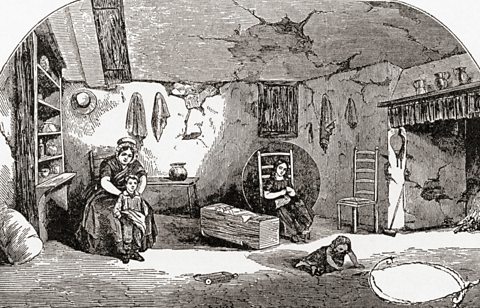 An engraving depicting the interior of a Dorchester labourer's cottage in the early 19th century.