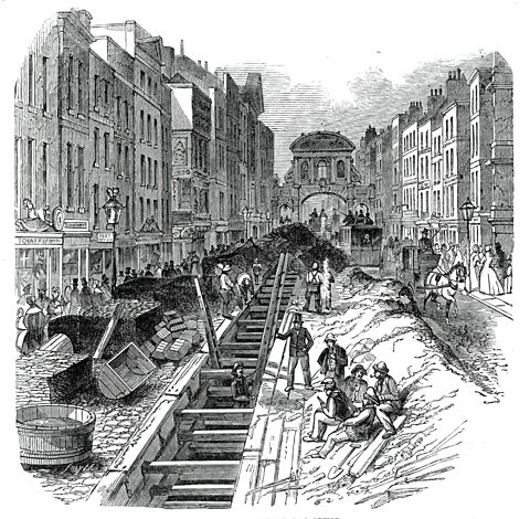 An engraving showing sewer improvements in Fleet Street, London, 1845.