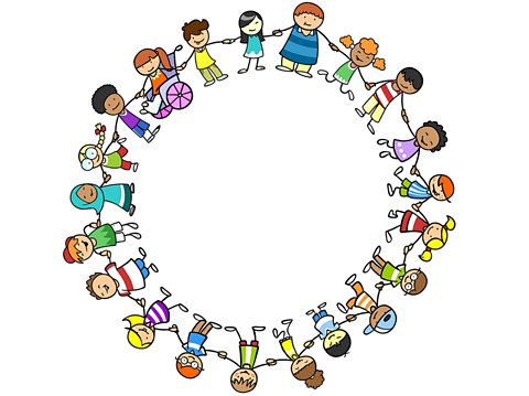 A cartoon of diverse people holding hands in a circle.