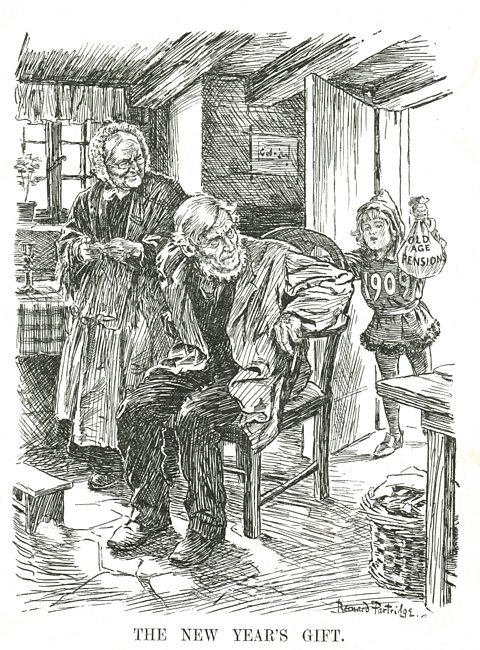 A cartoon marking the arrival of the old age pension in 1909. 