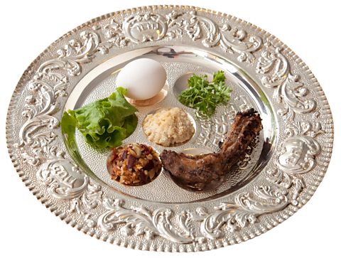 A traditional Seder (Passover meal) plate containing symbolic foods.