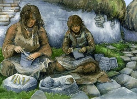 A reconstruction drawing of villagers at Skara Brae.