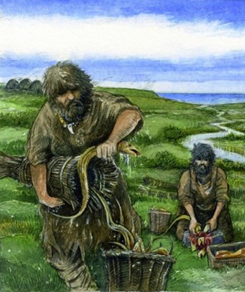 A reconstruction drawing of villagers at Skara Brae with a catch of eels.