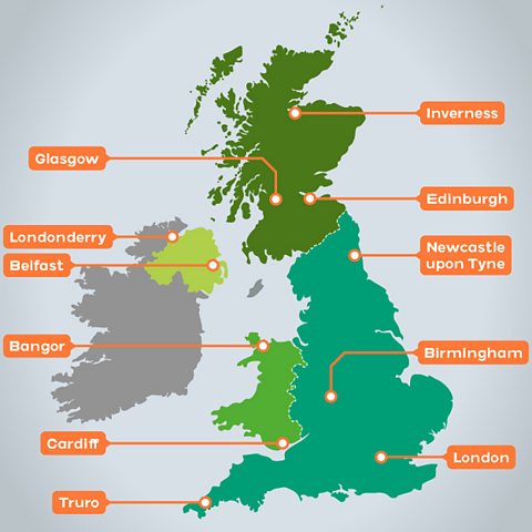 Map showing cities across the UK.