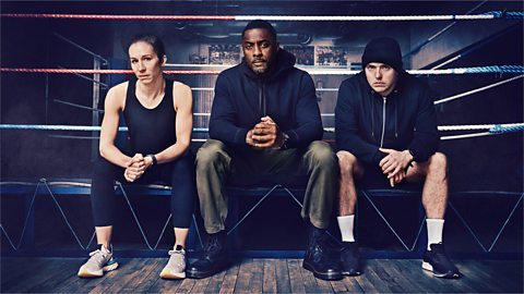 Idris Elba with coaches Rachel Bower and Greg White on Idris Elba's Fight School