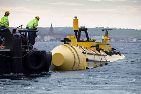 The ScotRenewables Tidal Turbine being tested offshore at Orkney, Scotland.