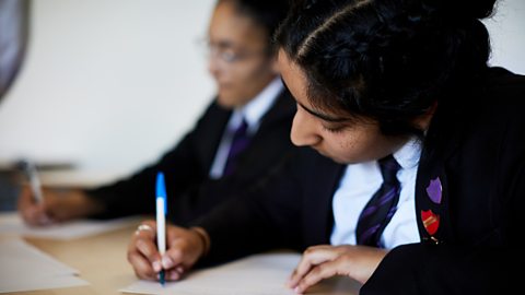 An image of two girls writing on paper. 