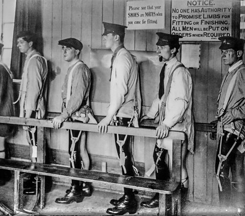 British soldiers being fitted with artificial limbs at Roehampton House, later Queen Mary's  Hospital, during World War One.