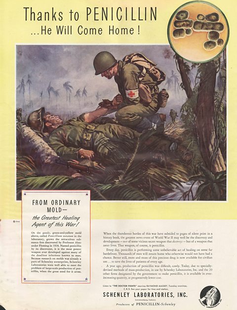 An advertisement for the importance of penicillin to American soldiers in WWII in an American magazine, 1940s.