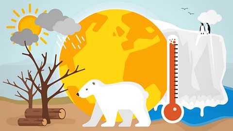 A image of a desert area and an Arctic area with sunshine, rainclouds and a thermometer