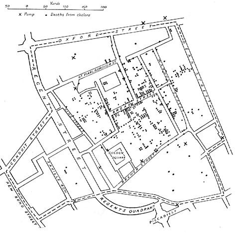 Dr Snow's map showing the cases of cholera in Broad Street, London, during the 1854 outbreak.