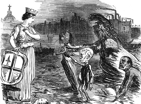 Illustration showing the bearded figure of Father Thames presenting his children to the female figure of the City of London. The 'children' are disfigured to represent the diseases diphtheria, scrofula and cholera.