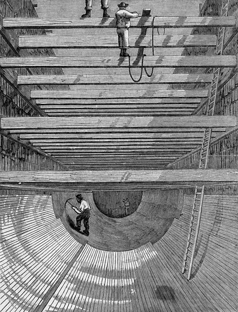 Engraving showing construction of the southern sewer at Peckham, London, 1861.