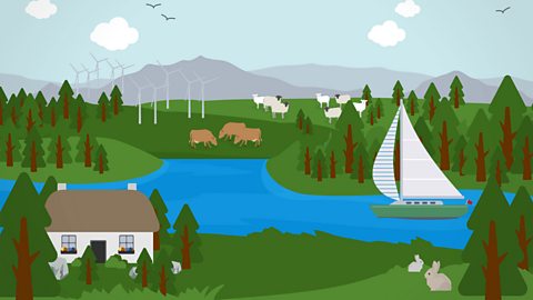 Rural farmhouse with animals and a lake and boat.