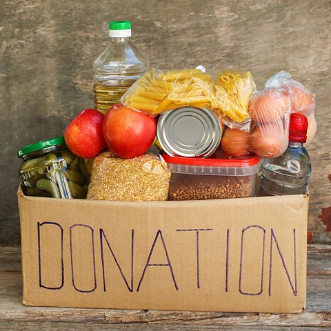 A picture of a box filled with food donations. 