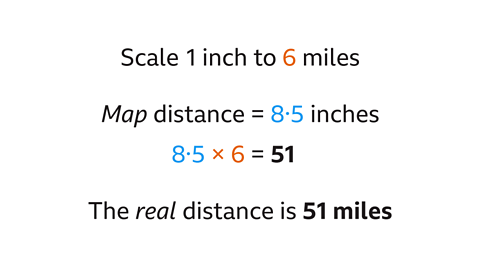 Scale one inch to six miles. Map distance equals eight point five inches. Eight point five multiplied by six equals fifty-one. The real distance is fifty-one miles.