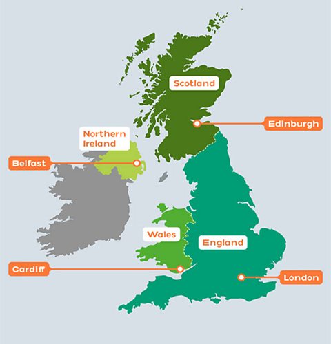 A map showing the four capital cities of each country in the UK with country and city labelled.