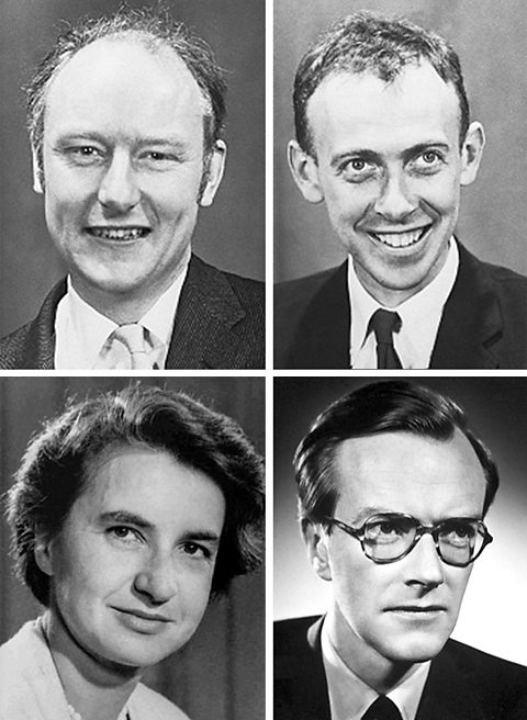 Close up photographs of Francis Crick, James Watson, Rosalind Franklin and Maurice Wilkins