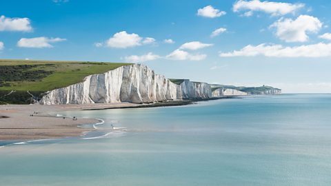 White cliffs of Dover on a sunny day with blue sky