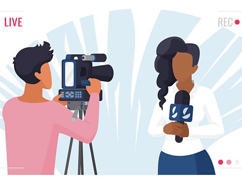 An illustration of a female presenter talking to a TV camera, operated by a man