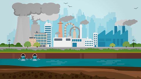 Illustration showing smoke from burning fossil fuels polluting the atmosphere of a city.