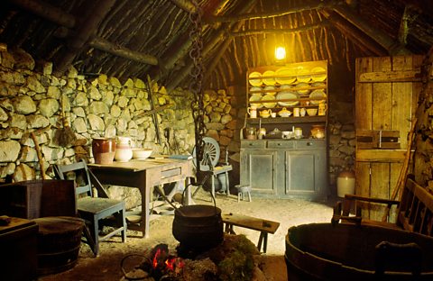 The interior of a blackhouse on a croft at the museum at Colbost, near Dunvegan, Isle of Skye.