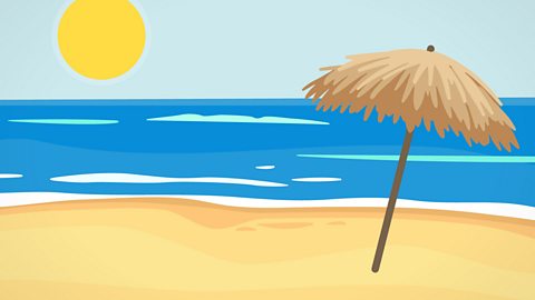 Cartoon sandy beach with pine umbrella, blue sea and yellow sun in sky.