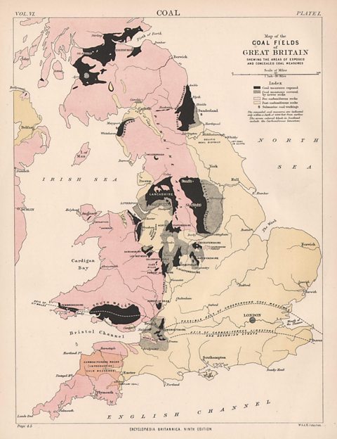 Map showing the coalfields of Great Britain in the 19th century.