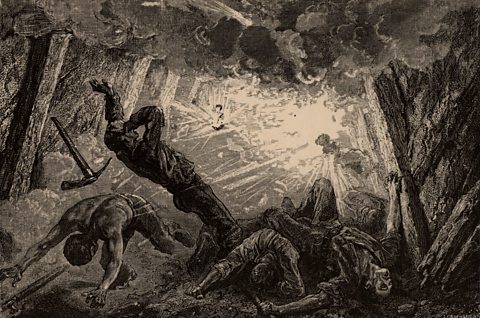 A wood engraving depicting the explosion of fire-damp (methane) in a mine. From 'Underground Life; or, Mines and Miners', by Louis Simonin, 1869.