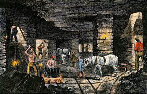 A coloured engraving of miners working in the Bradley mine, Staffordshire, England, 1850s.