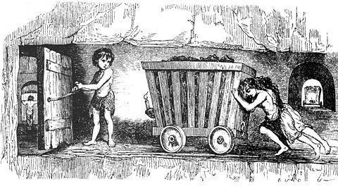 An engraving showing child labour in a Welsh coal mine.