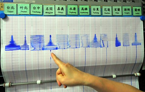 A hand pointing at a piece of graph paper that has blue lines on it