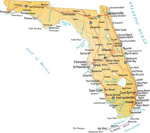 A map of Florida. The Atlantic Ocean is on the right and the Gulf of Mexico is on the left.