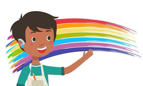 Cartoon image of a child painting a rainbow