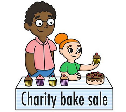 A cartoon image of a charity fundraiser bake sale