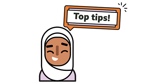 Cartoon girl wearing a white hijab and light purple top saying the words 'Top tips!' in a speech bubble above. 