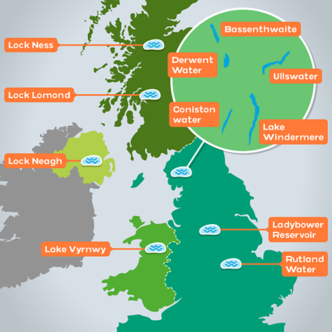 An illustration of the different lakes around the UK and in the Lake District