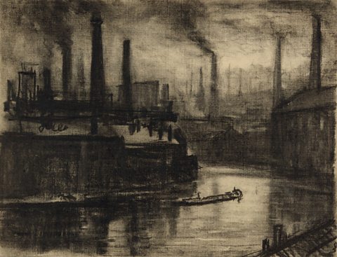 An engraving of factory smokestacks in East London, England.