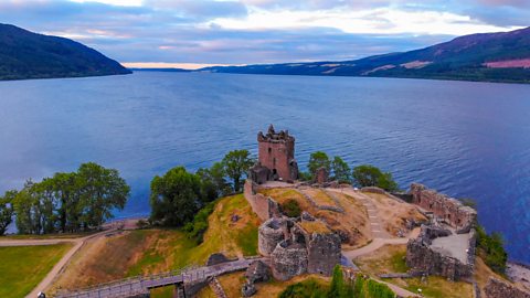 Urquhart Castle and Loch Ness in the evening.