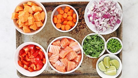 Small dishes filled with measured out ingredients