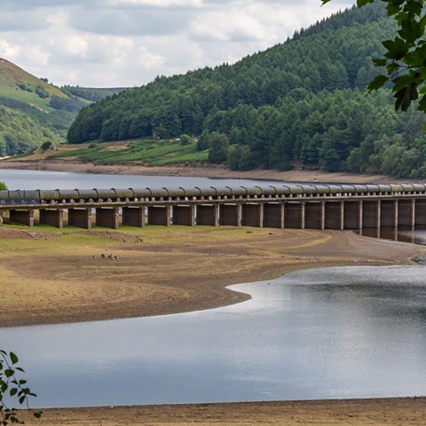 The Derwant Valley Aquaduct and the Ladybower reservoir in Derbyshire during a drought.