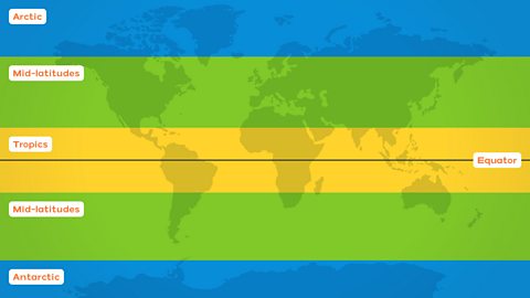 Map of the world showing the Arctic zone in the north, Antarctic in the south and the Mid-latitudes zones in between with the tropical zone and equator going through the middle. 