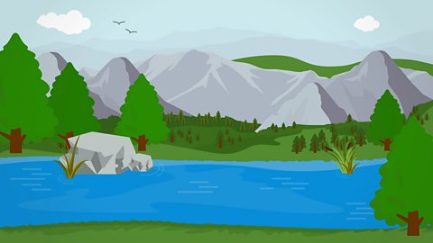 An illustration of a lake surrounded by trees and mountains