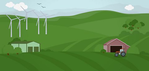 An illustration of a farm with wind turbines in the background