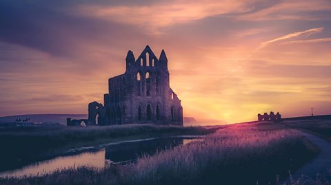 A picture of Whitby Abbey at dusk.