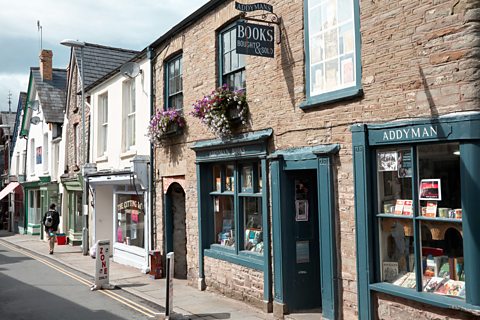 A street with bookshops in the small Welsh town of Hay-on-Wye.