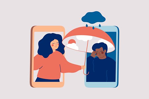 Illustration of two mobile phones with people popping out of them. One person looks happy and is holding an orange umbrella out to the other person who looks sad and has a rain cloud above their head.