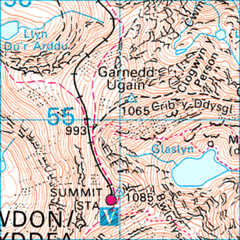 A map of Snowdonia's summit. The contour lines are very close together.